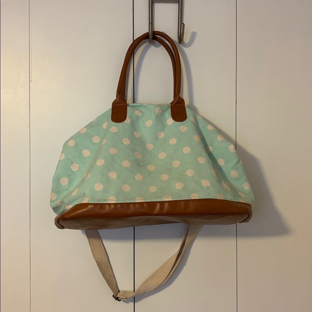 Mossimo Supply Co. Blue Polka Dot Tote with Brown Trim - Picture 2 of 3